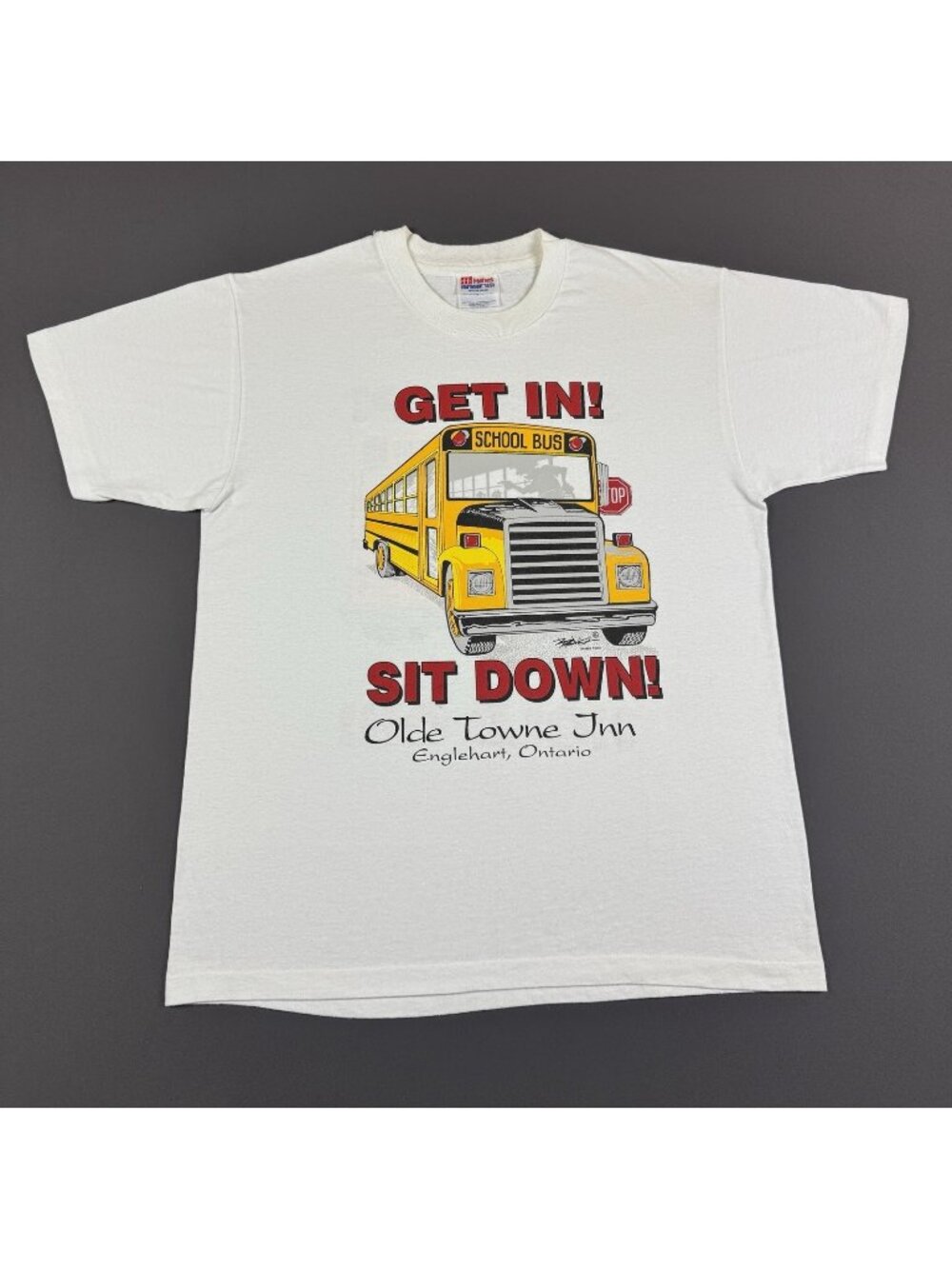 Rare Vintage 90s Hanes Get In School Bus Sit Down Olde Town Inn Englehart Shirt